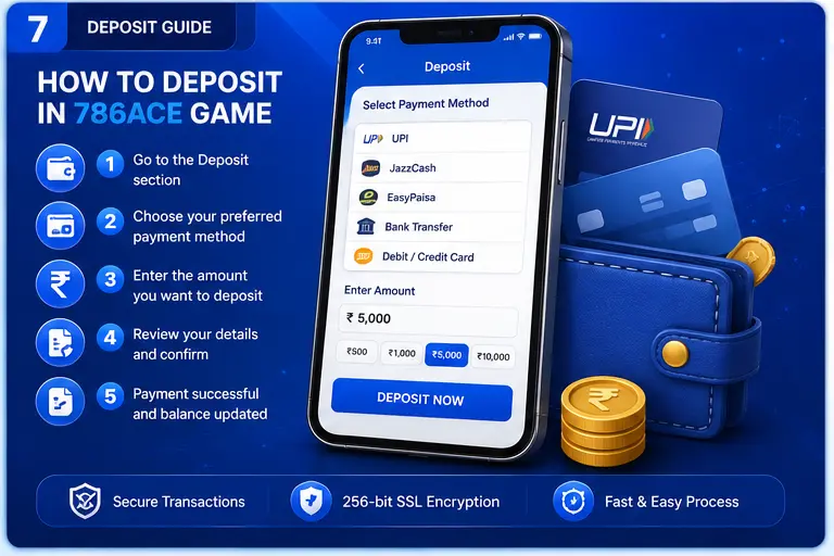 786ACE Game deposit guide showing payment methods